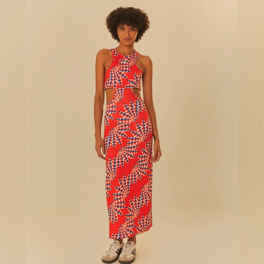 NEW Adidas Farm Rio Psychedelic Wave Red Orange Cut Out Dress Large Festival - Picture 2 of 14